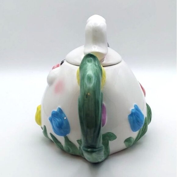 Vintage Ceramic Bunny Tulip Teapot Easter Novelty Floral Spring W/ Lid - Picture 2 of 8